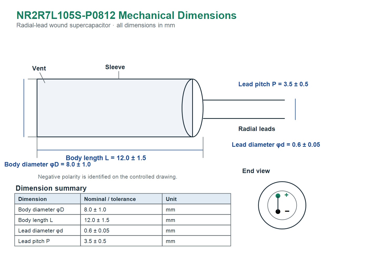 NR2R7L105S-P0812 English body dimensions and radial lead drawing