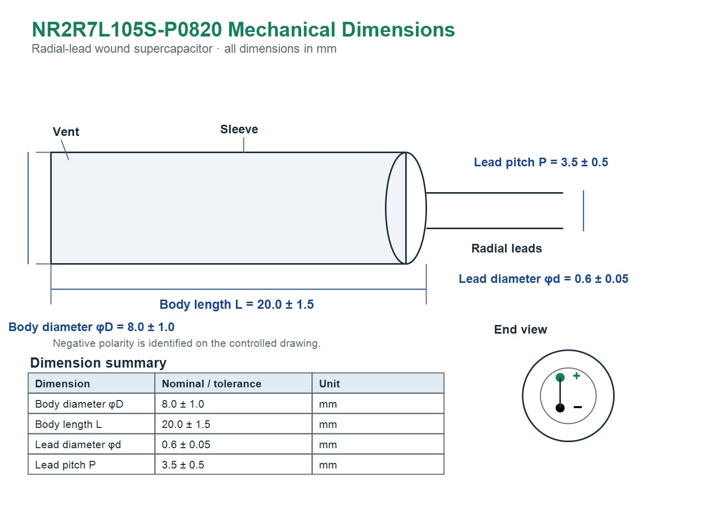 NR2R7L105S-P0820 English body dimensions and radial lead drawing