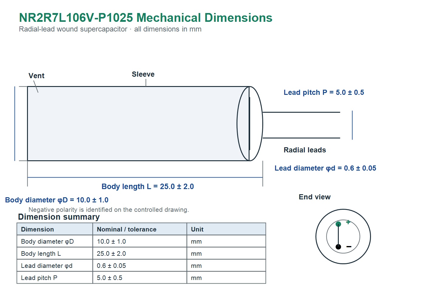 NR2R7L106V-P1025 English body dimensions and radial lead drawing
