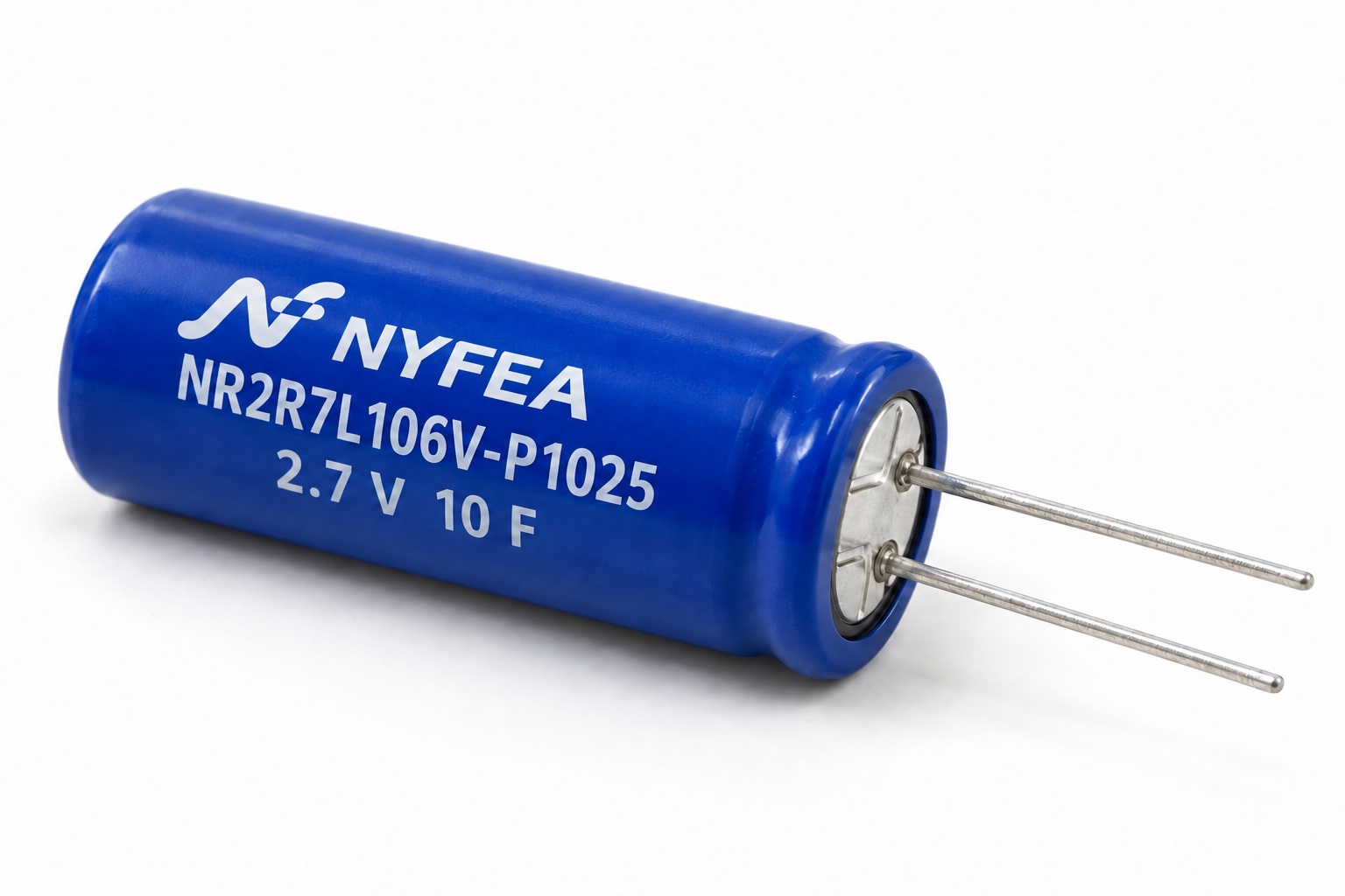 Blue NR2R7L106V-P1025 2.7 V 10 F radial-lead wound supercapacitor