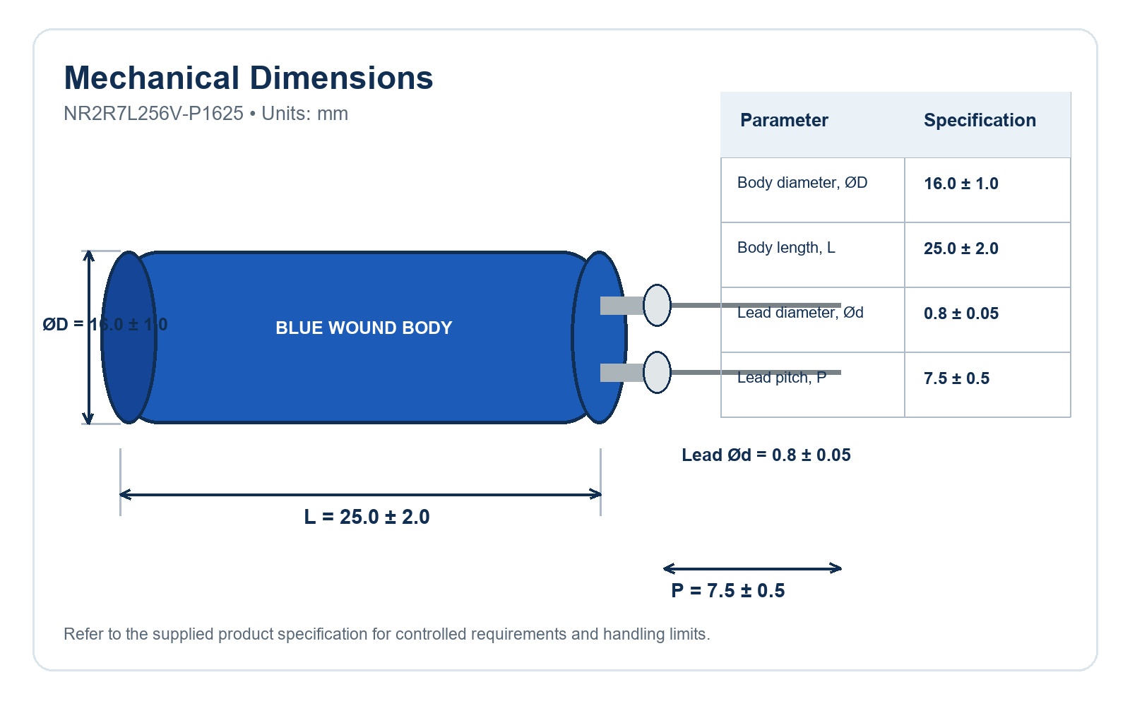NR2R7L256V-P1625 English body dimensions and radial lead drawing