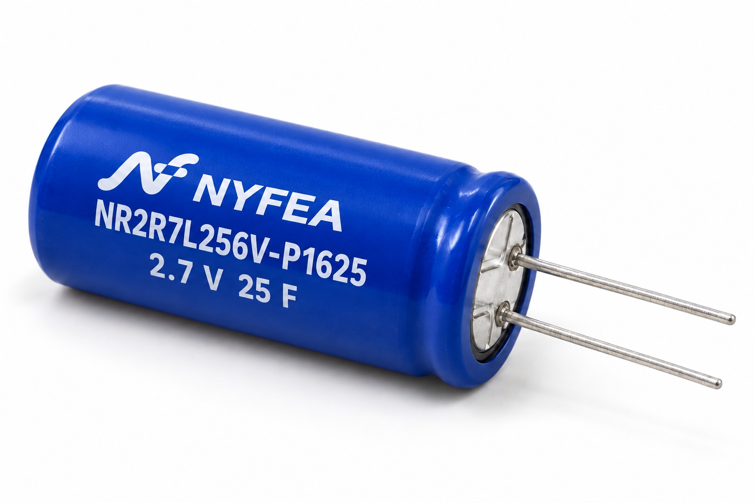 Blue NR2R7L256V-P1625 2.7 V 25 F radial-lead wound supercapacitor