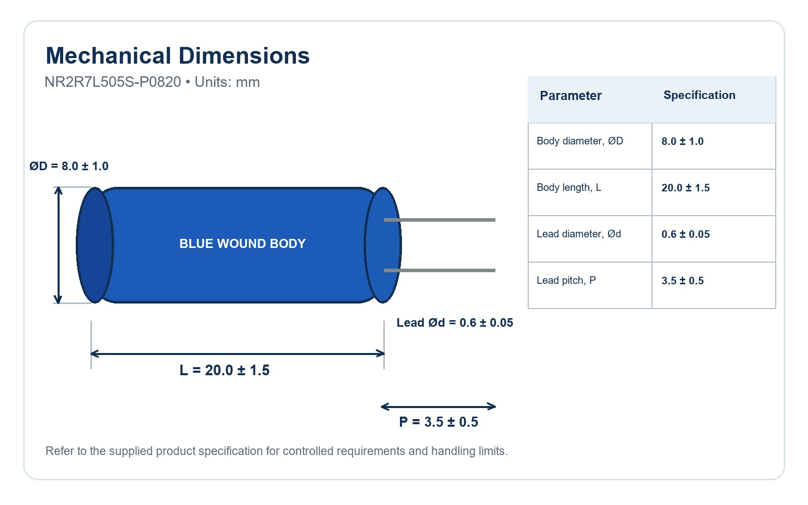 NR2R7L505S-P0820 English body dimensions and radial lead drawing
