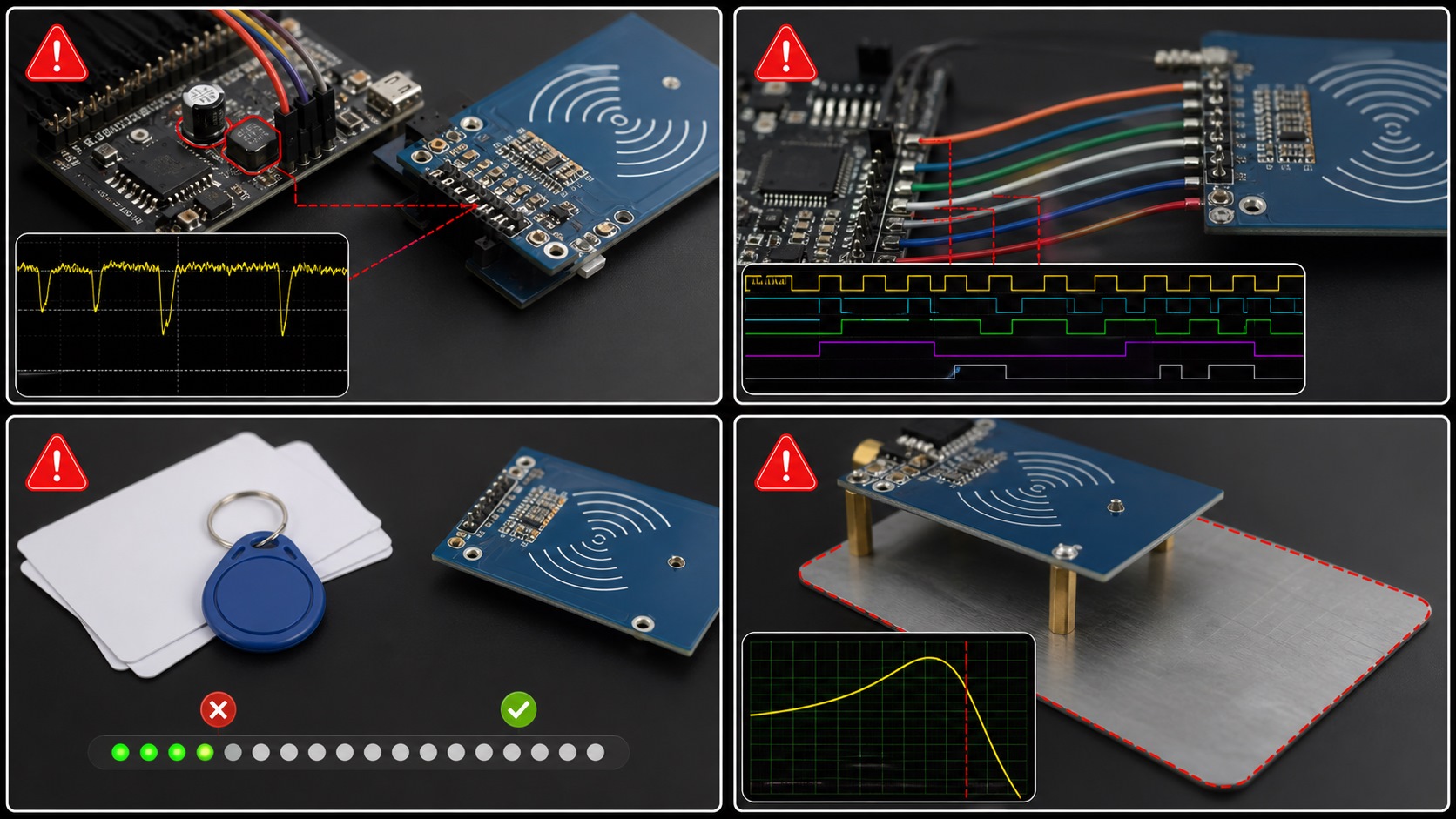 MFRC522 card detection troubleshooting for 3.3 V power, SPI wiring, card protocol and metal detuning