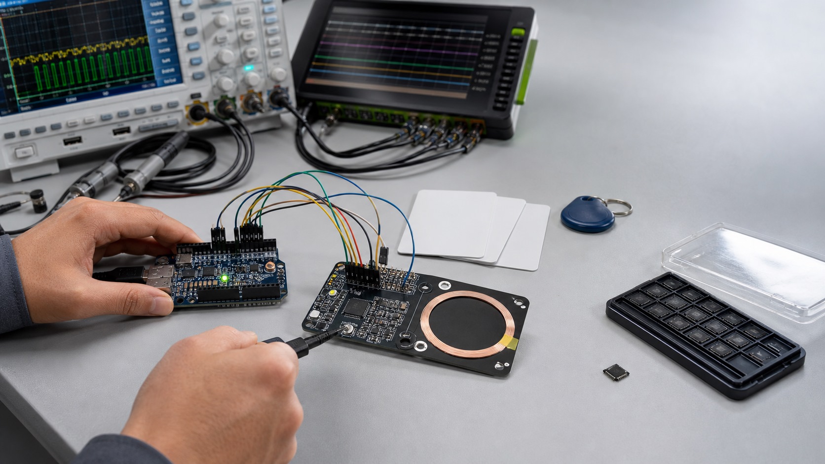 Engineer debugging an MFRC522 Arduino RFID reader before evaluating NF522 migration