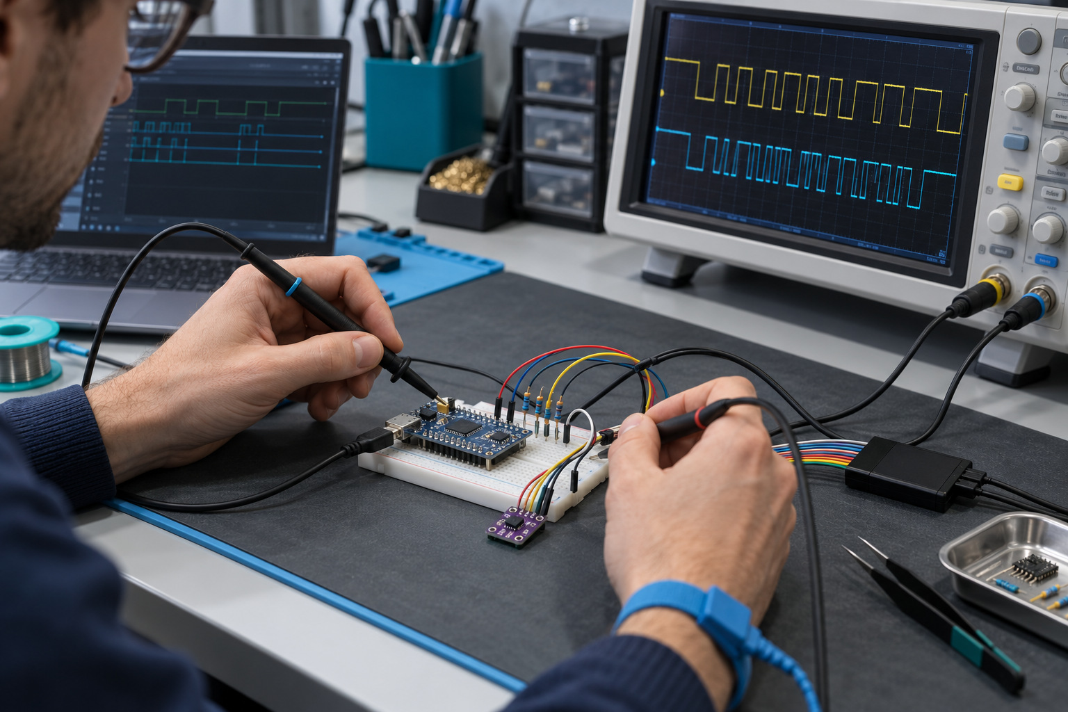 Engineer using oscilloscope probes and a logic analyzer during I2C sensor prototype development
