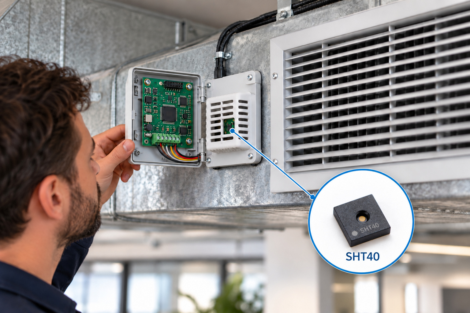 Indoor ventilation monitor with enlarged controller board, separate SHT40 sensor PCB behind the vent, and a labeled SHT40 component inset