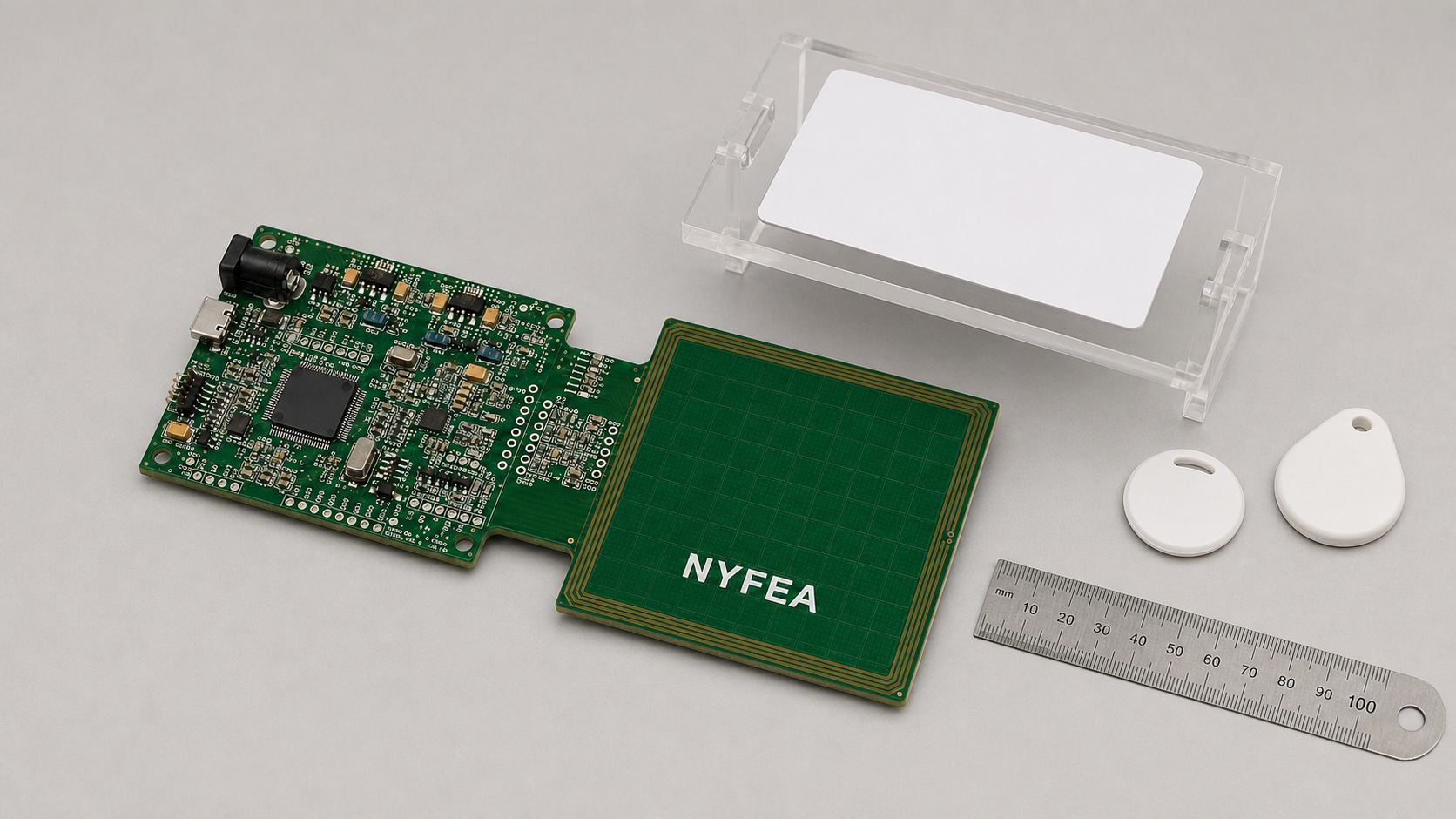 Green CLRC663-class NFC reader board, PCB antenna, card-positioning jig and contactless tags prepared for read-range evaluation