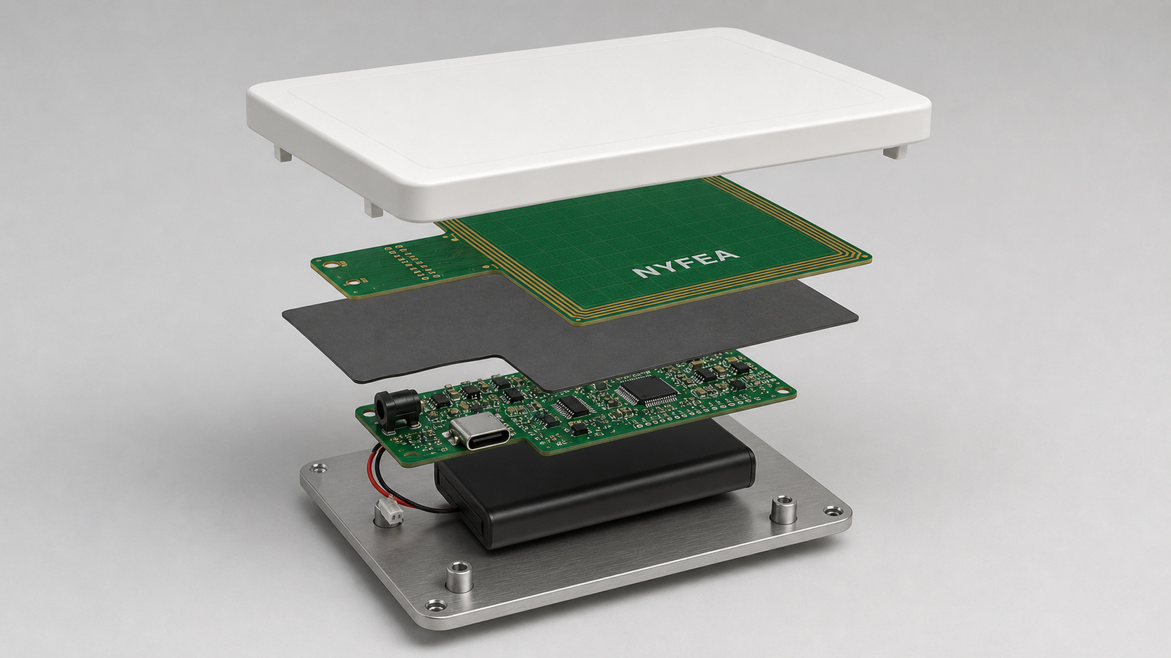 Exploded NFC reader assembly showing plastic cover, green PCB antenna, ferrite sheet, controller board, battery and metal mounting plate