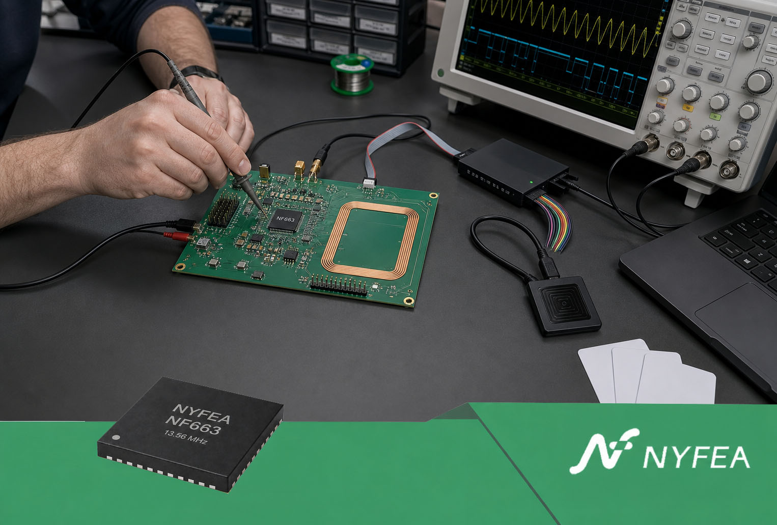 NF663 13.56 MHz RFID reader board bring-up and card-detection testing
