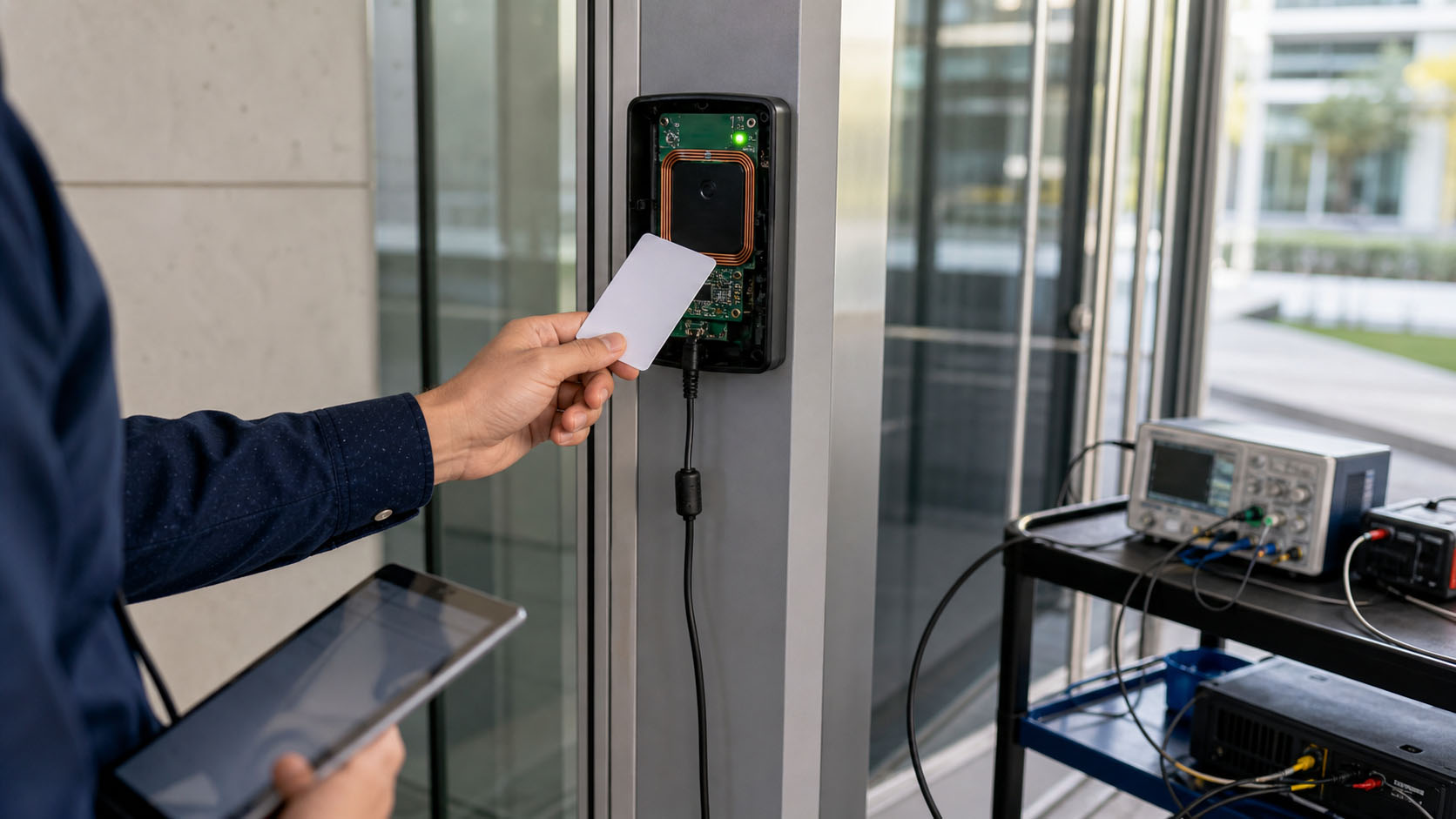 13.56 MHz RFID reader evaluation board with loop antenna, contactless card and multiple RFID tag formats