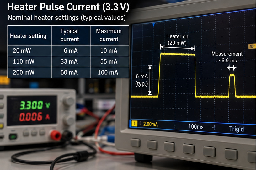 Illustration of SHT40 heater pulse current and nominal heater settings at 3.3 V