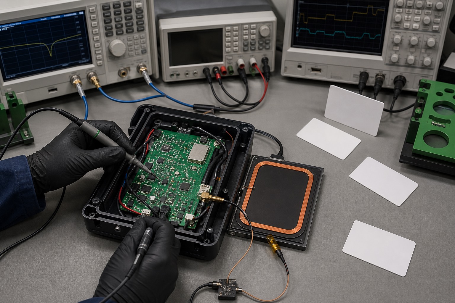 NF522 RFID reader antenna matching and card-performance validation on an engineering test bench