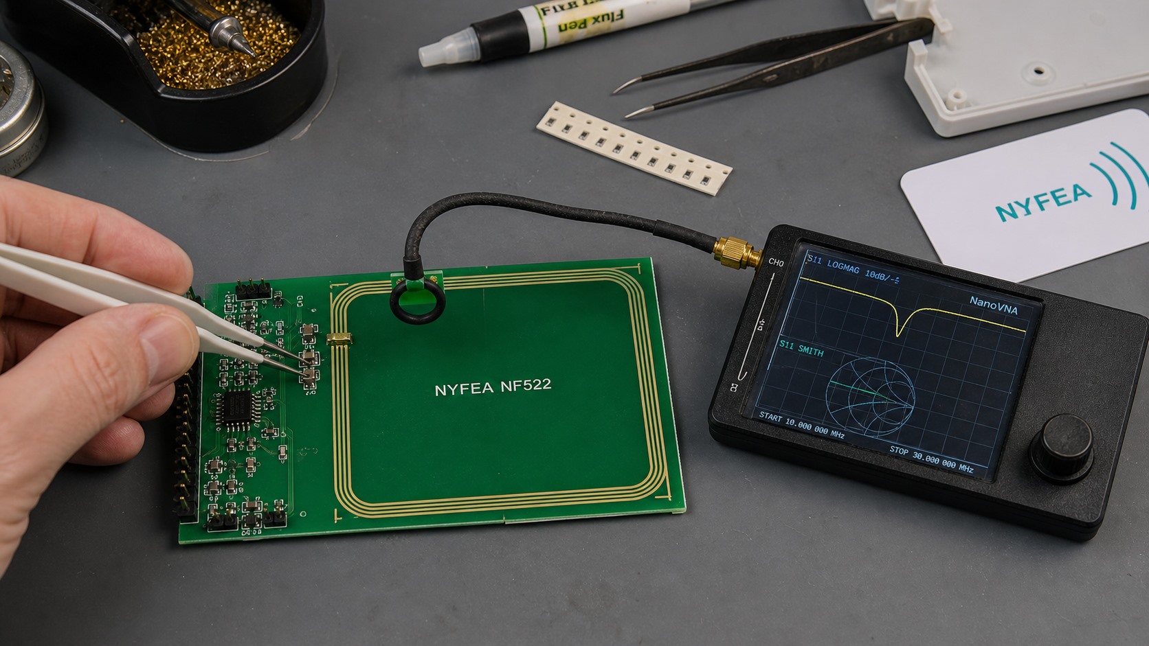 Engineer tuning the NYFEA NF522 13.56 MHz antenna matching network with a handheld vector network analyzer