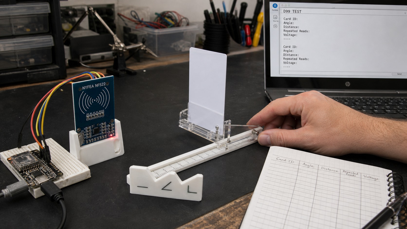 Practical D99 RFID read-range test with a fixed NYFEA NF522 reader, movable card holder and transaction logger