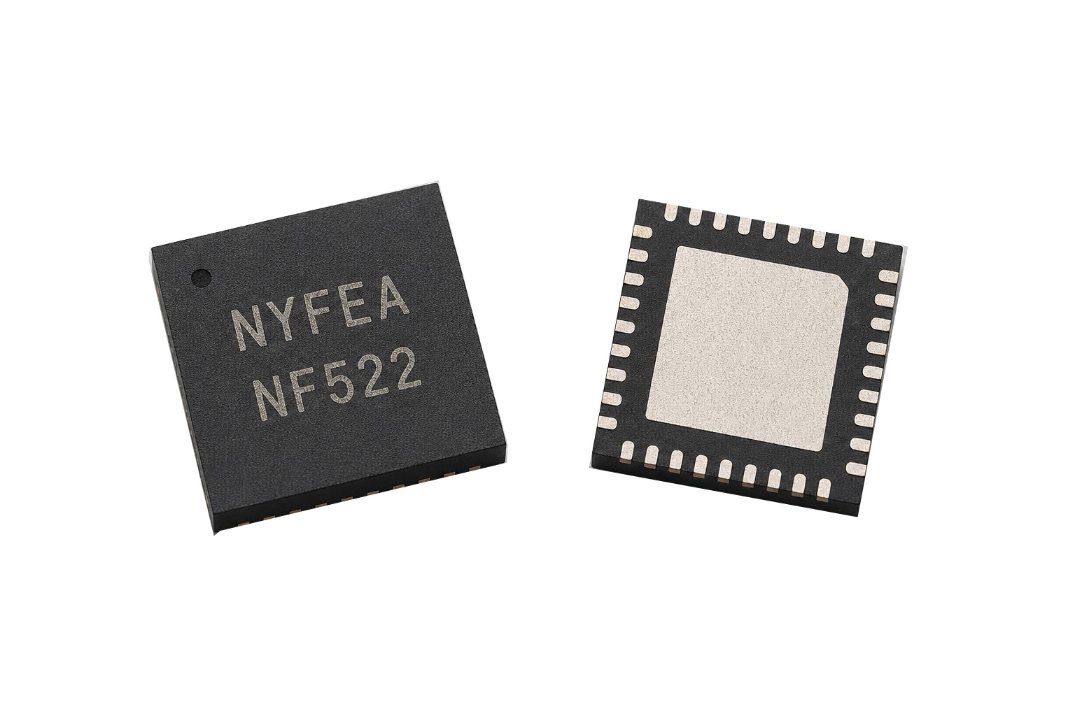 Top and underside views of the NYFEA NF522 QFN32 package showing the exposed center pad