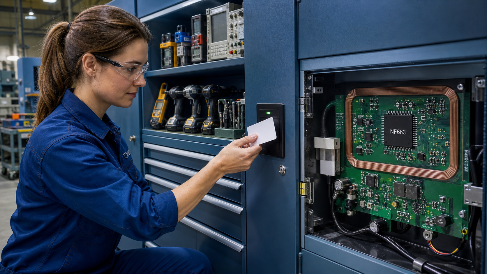 Industrial technician using an RFID credential at a tool cabinet with an open electronics panel showing the NF663 reader IC and loop antenna