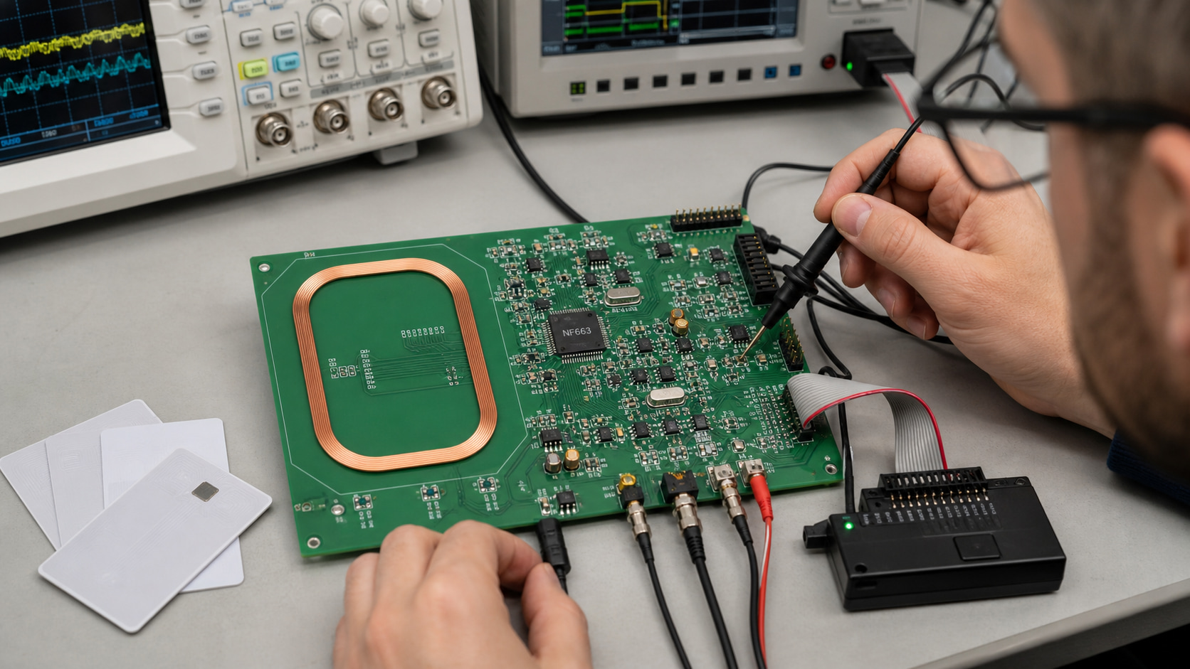 Engineer debugging a custom NF663 13.56 MHz RFID reader PCB with oscilloscope and logic analyzer