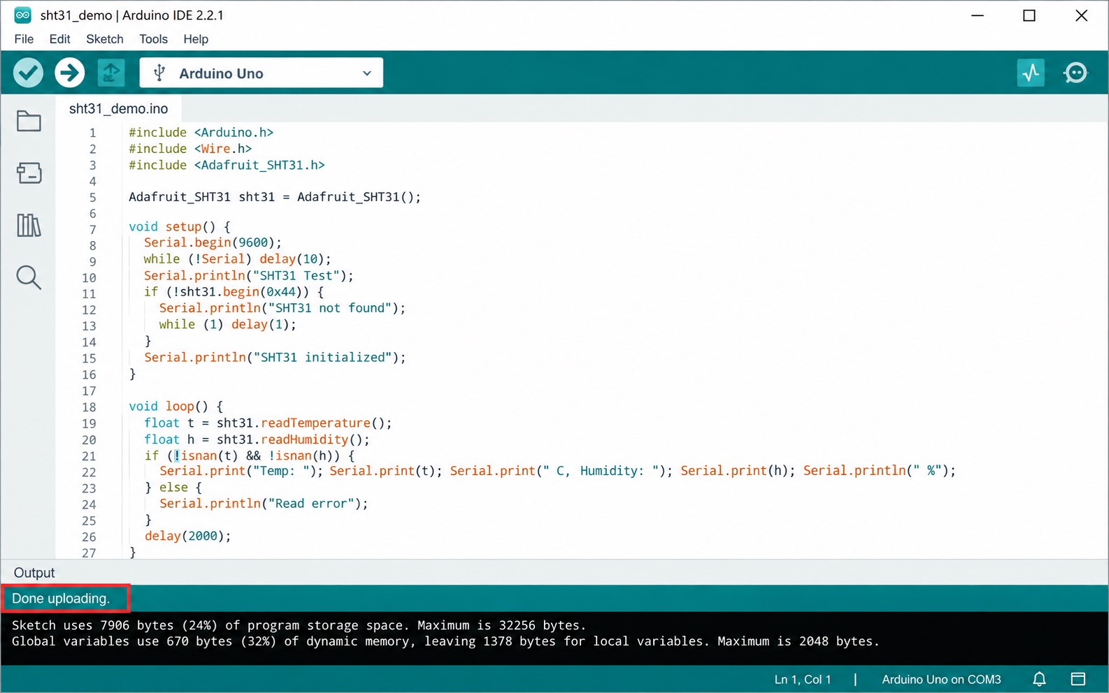 Arduino IDE showing an SHT31 sketch and the successful status message Done uploading