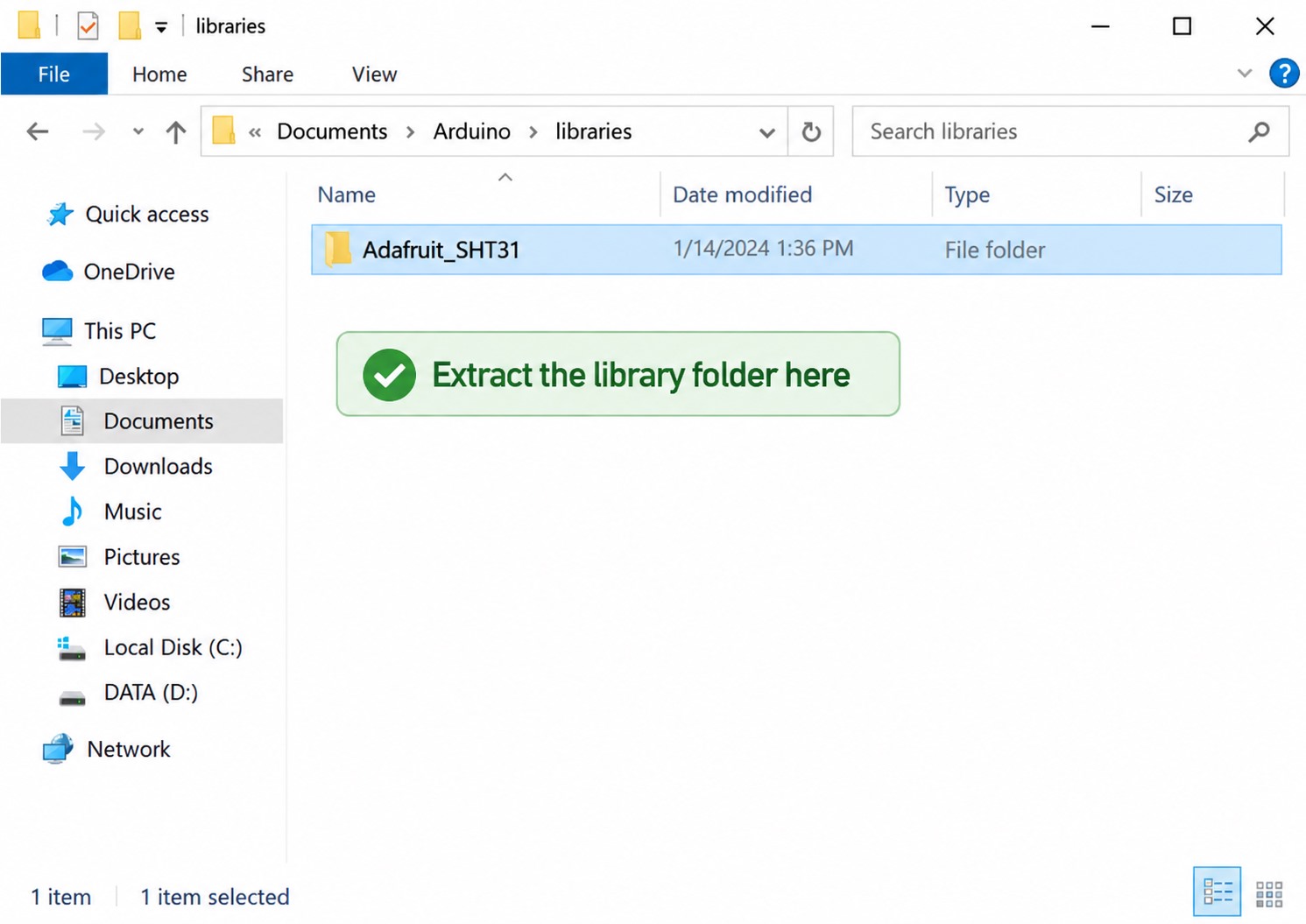 Windows File Explorer showing the extracted Adafruit_SHT31 folder inside Documents Arduino libraries