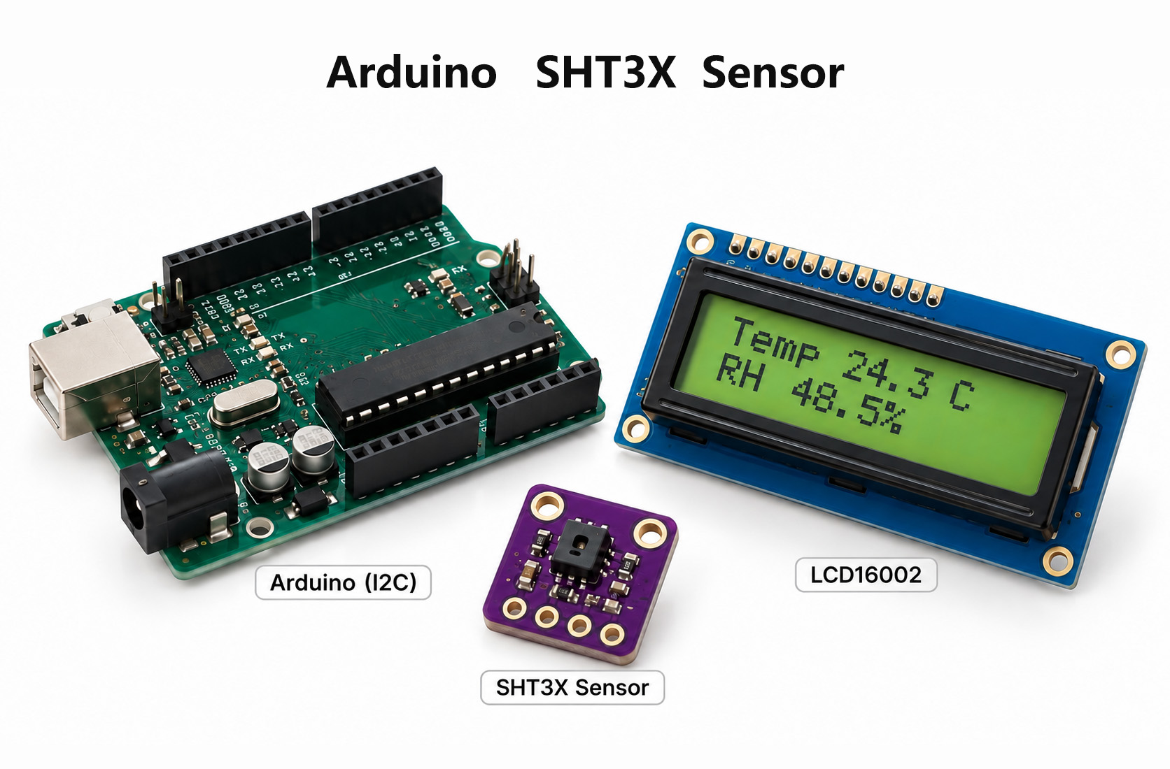 Arduino Uno connected by four jumper wires to a red SHT31 I2C temperature and humidity sensor breakout on a breadboard