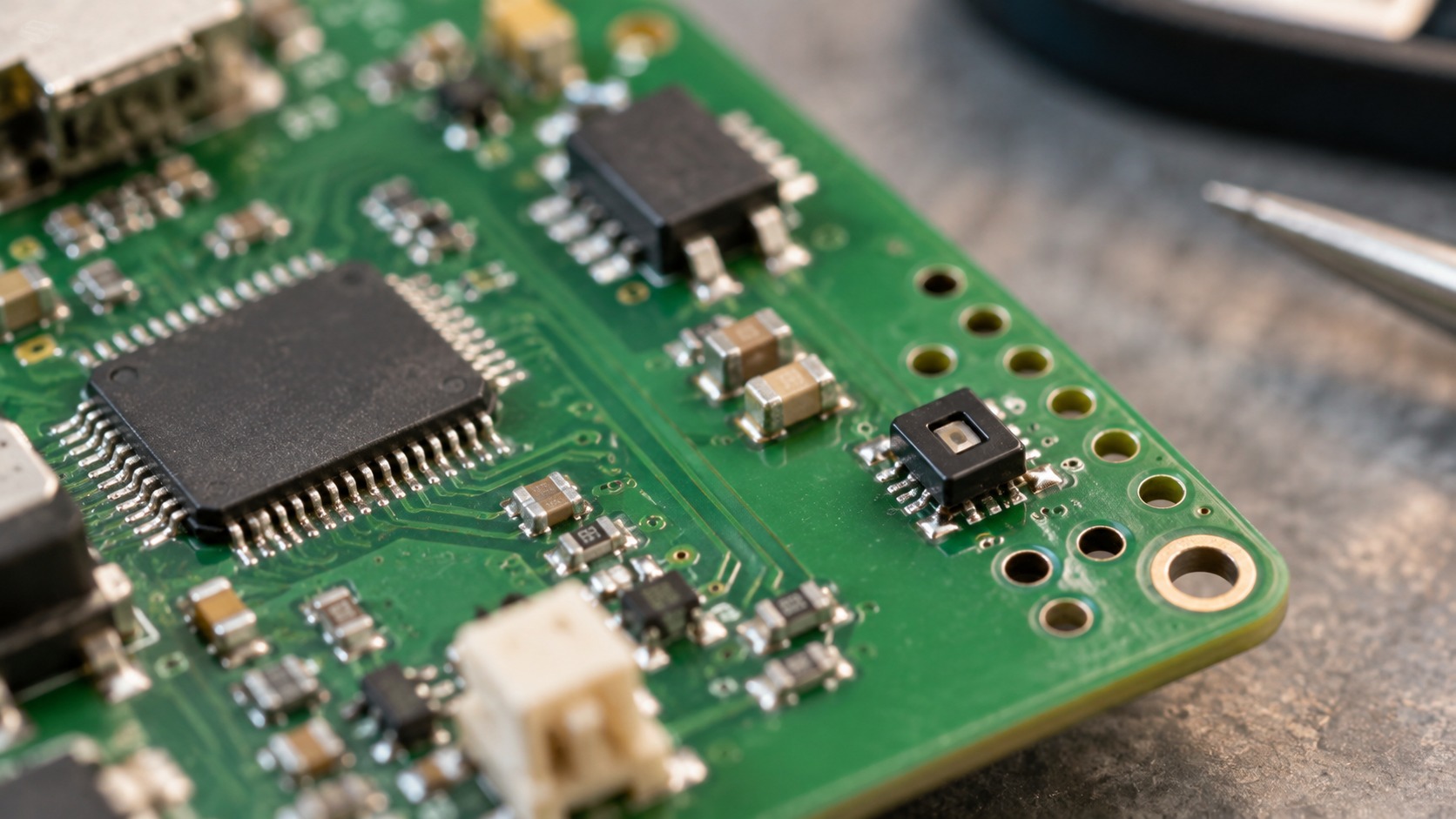 45-degree macro photograph of an environmental sensor package placed at the ventilated edge of a prototype PCB