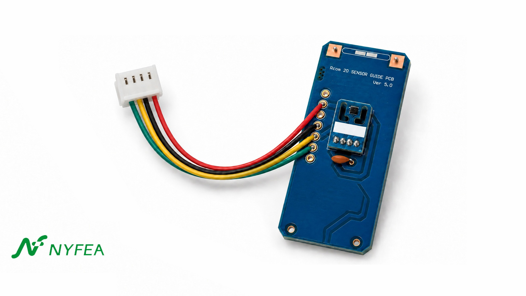 45-degree product photograph of an Rcom 20 sensor guide PCB with a four-wire connector