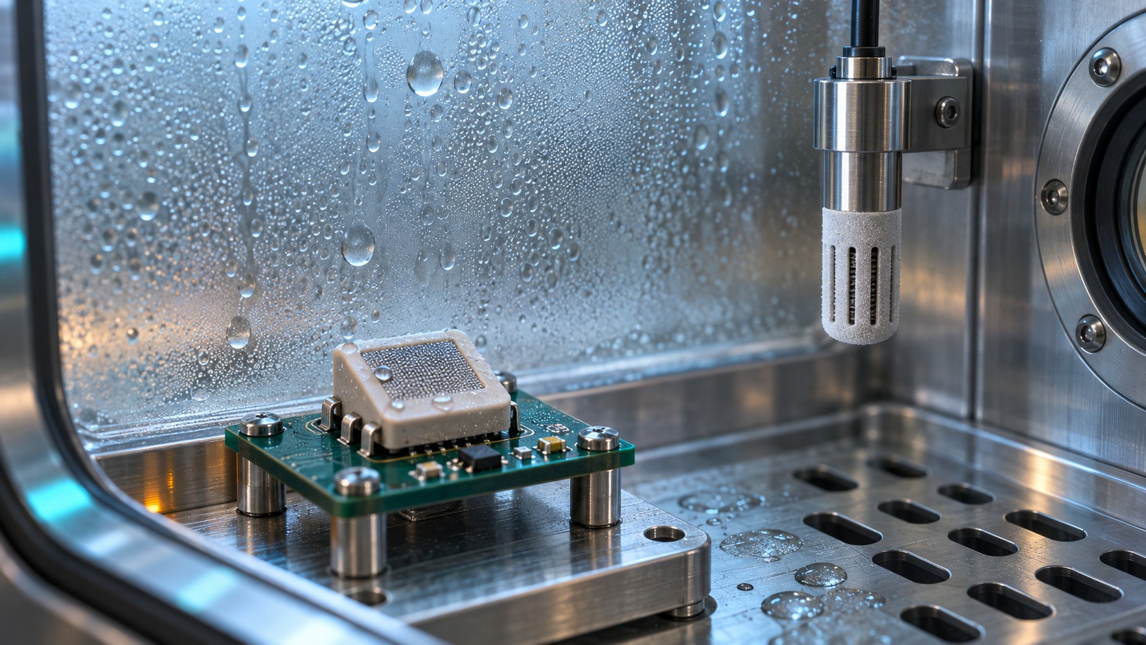 Conceptual close-up of a humidity sensor package, reference probe and condensation inside a high-humidity chamber