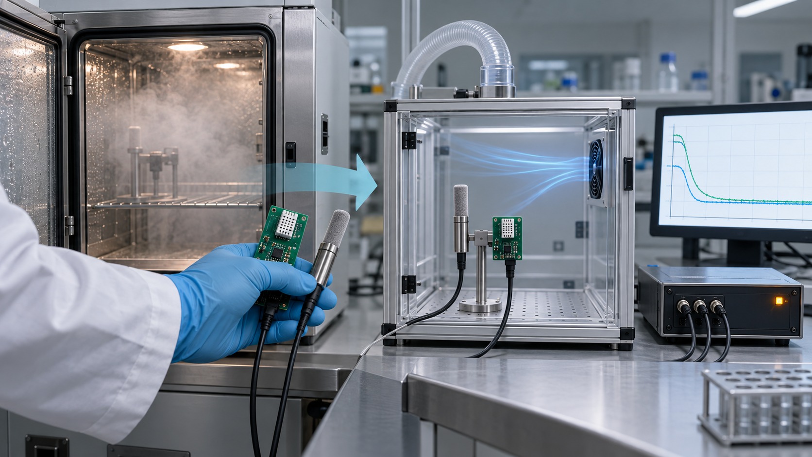 Conceptual recovery setup moving a humidity sensor board and reference probe from a humid chamber into controlled dry air