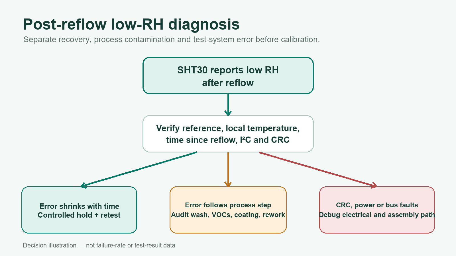 Decision diagram separating temporary recovery, process contamination and electrical faults after SHT30 reflow