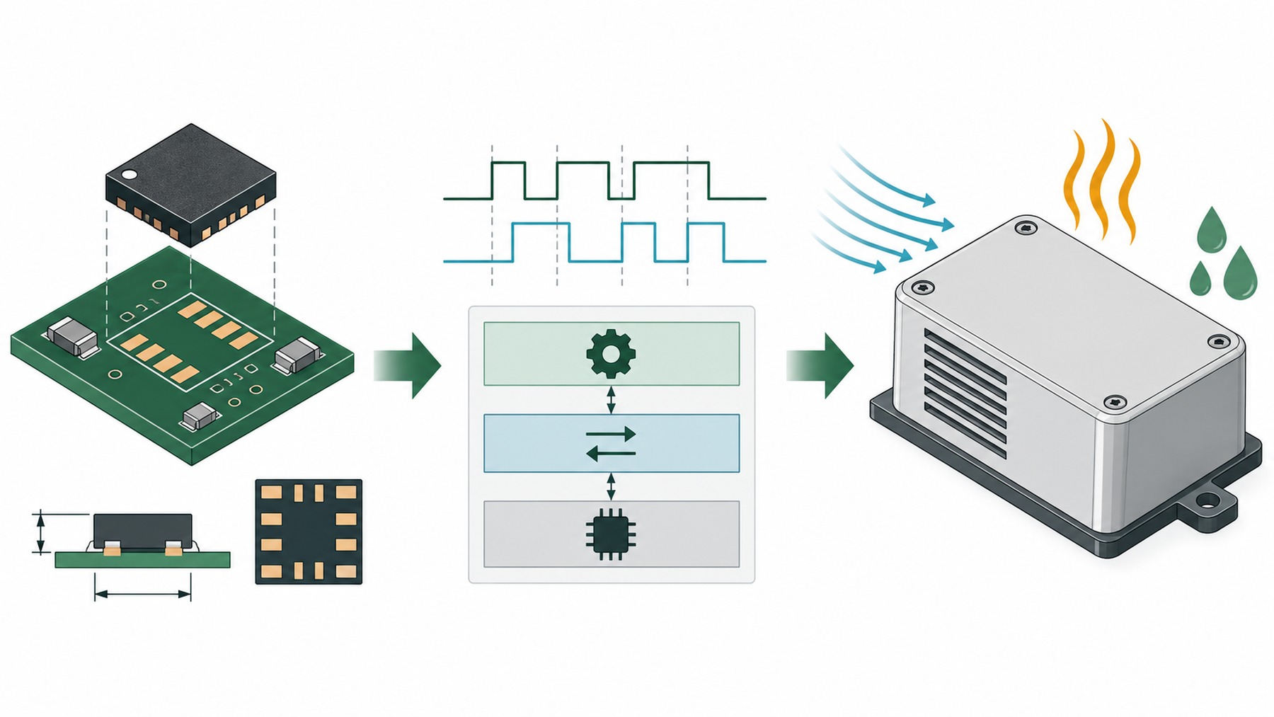 Engineering illustration connecting sensor package and PCB fit, I²C communication and firmware, and the final ventilated product enclosure