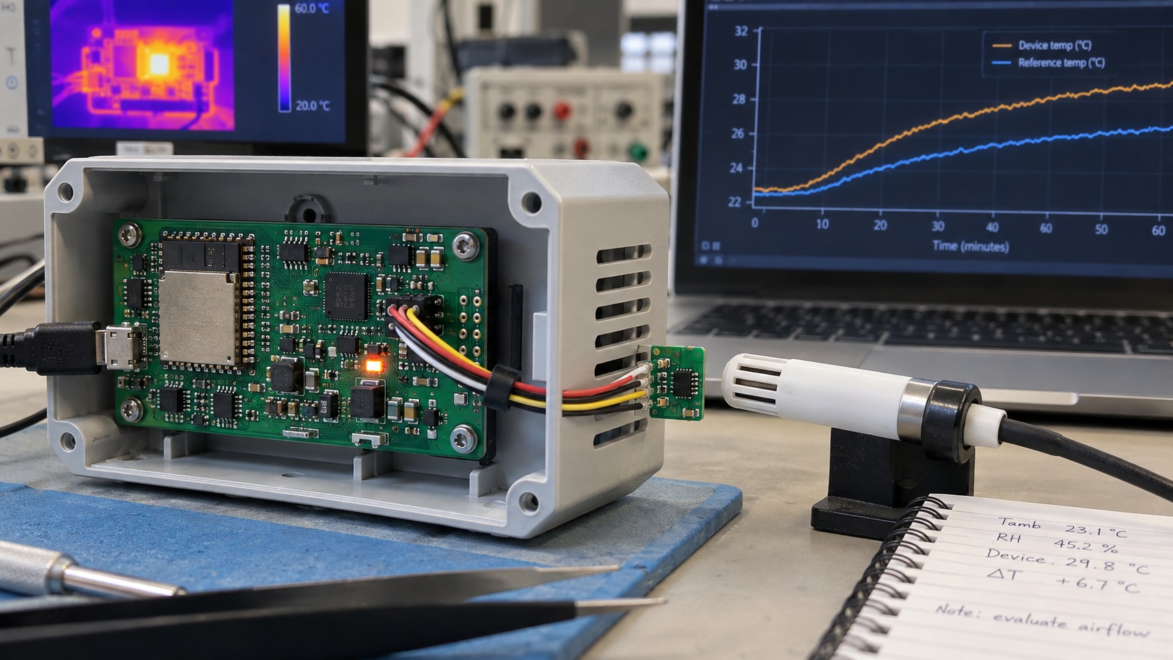 Laboratory setup comparing a temperature and humidity sensor on an ESP32 PCB with a remote sensor and a reference probe