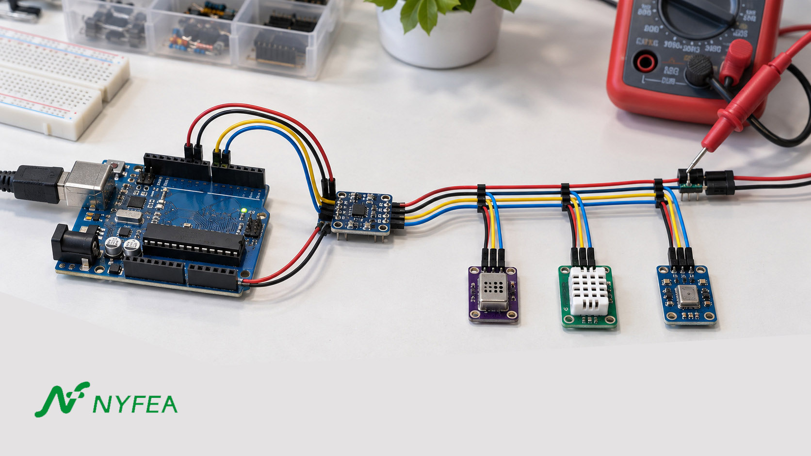 Illustrative Arduino electronics bench with three humidity sensor modules on a shared wiring harness