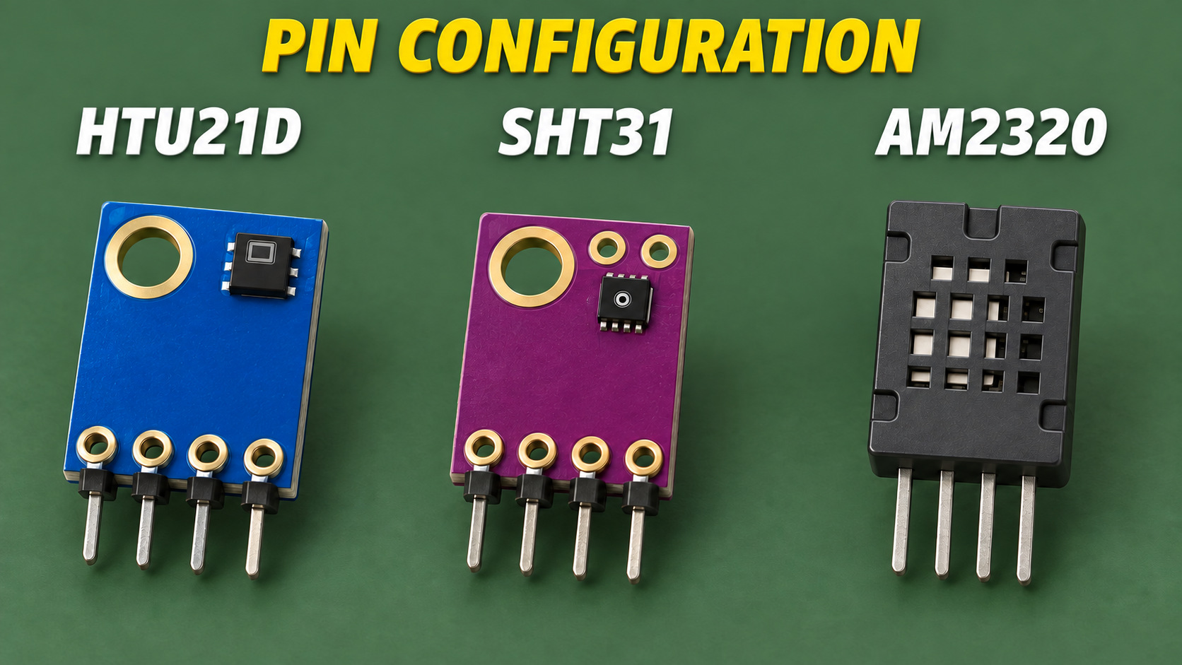 Illustrative 45-degree view of HTU21D, SHT31 and AM2320 modules without wiring or voltage labels