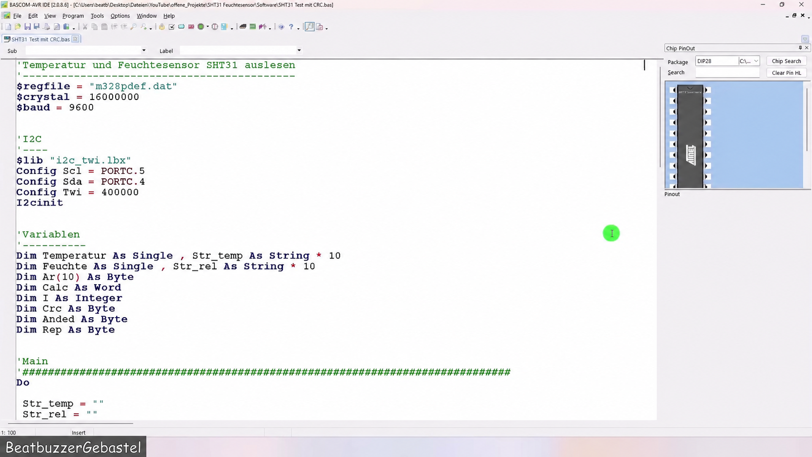 BASCOM AVR screen showing SHT31 I2C setup and variable declarations