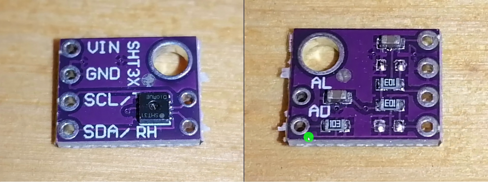 Front and back view of the purple SHT31 breakout module
