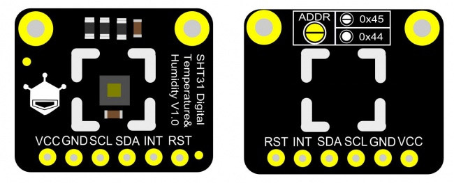 Front and back of the SEN0331 module showing interface labels and ADDR address selection