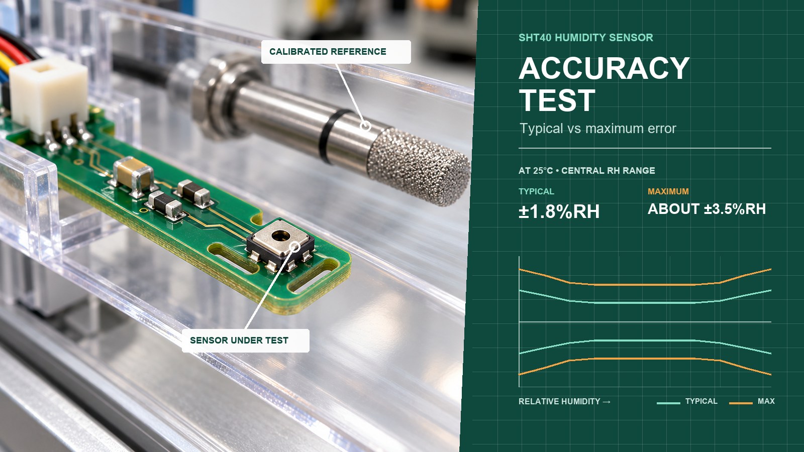 SHT40 accuracy test showing the sensor under test, a calibrated reference probe, and typical versus maximum humidity error curves