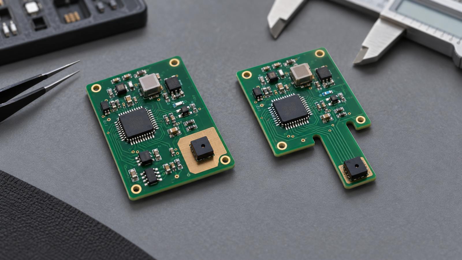 SHT40 PCB layout prototypes comparing direct mounting and a thermally separated sensing section