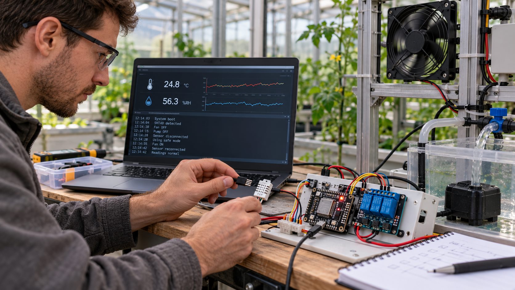 Illustrative engineer checking ESP32 greenhouse controller and environmental sensor at a bench