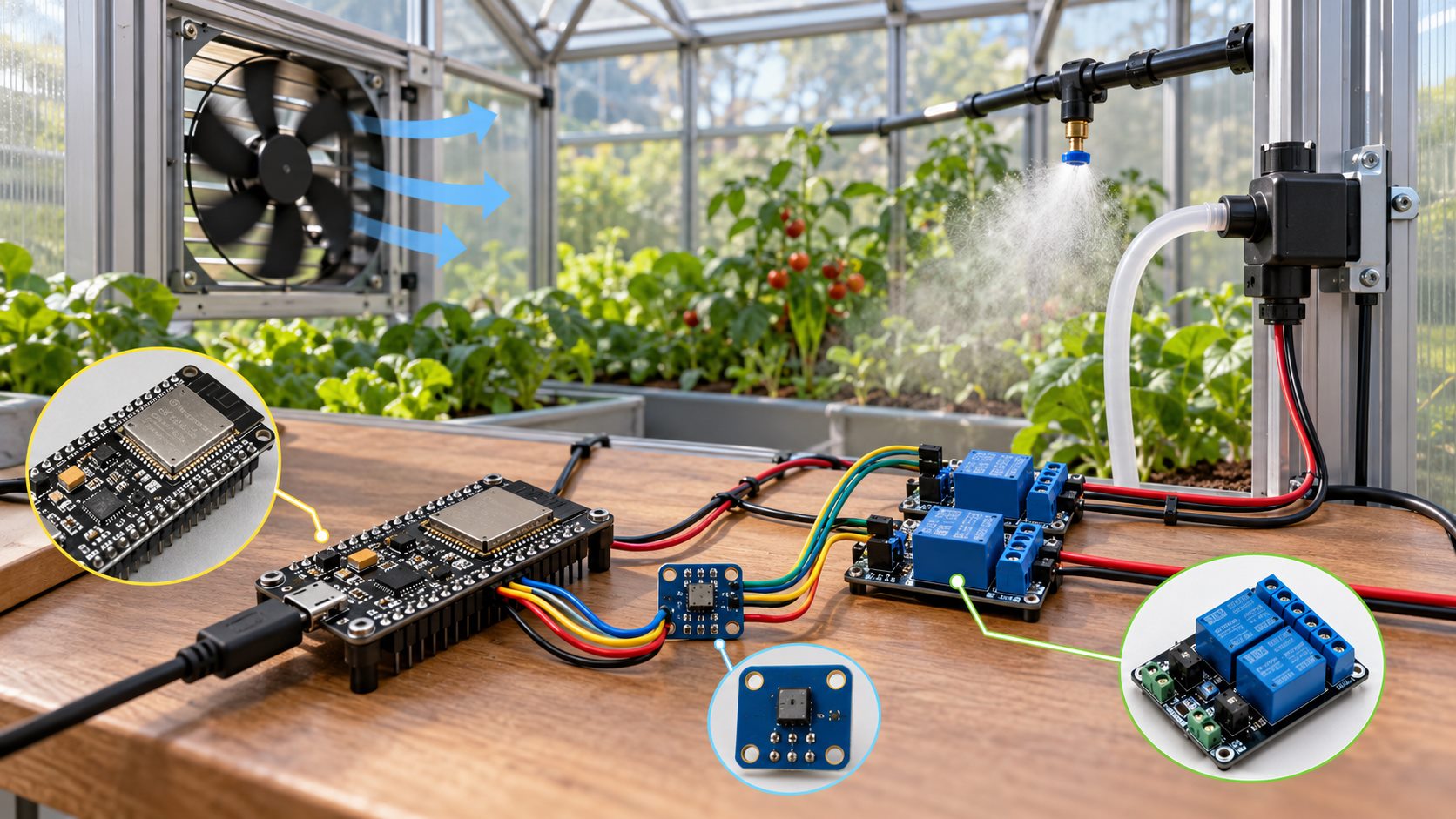Illustrated ESP32 and SHT40 greenhouse control bench with sensor board, relay drivers, fan and misting equipment