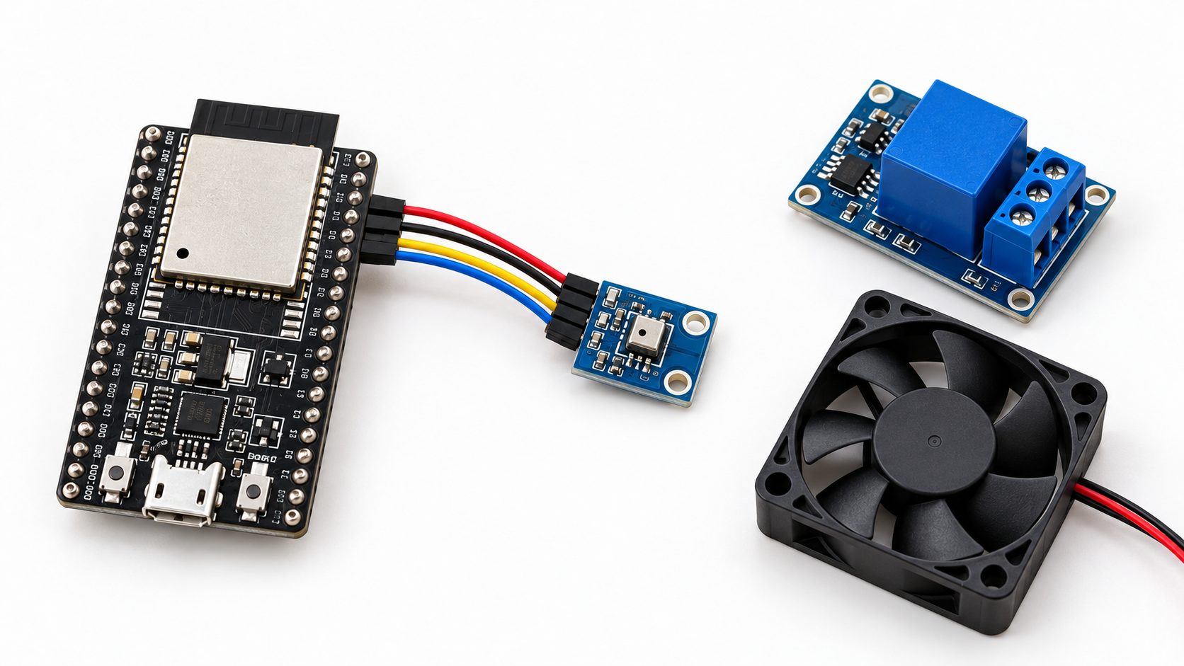 Illustrative ESP32 board connected to a small SHT40 I2C breakout, with a separate relay module and fan on the bench