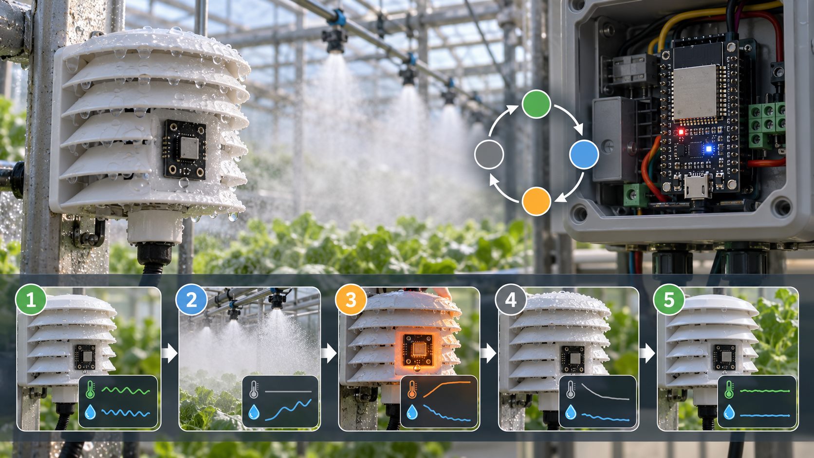 Illustrated greenhouse sensor sequence during mist exposure, heater operation and cooldown
