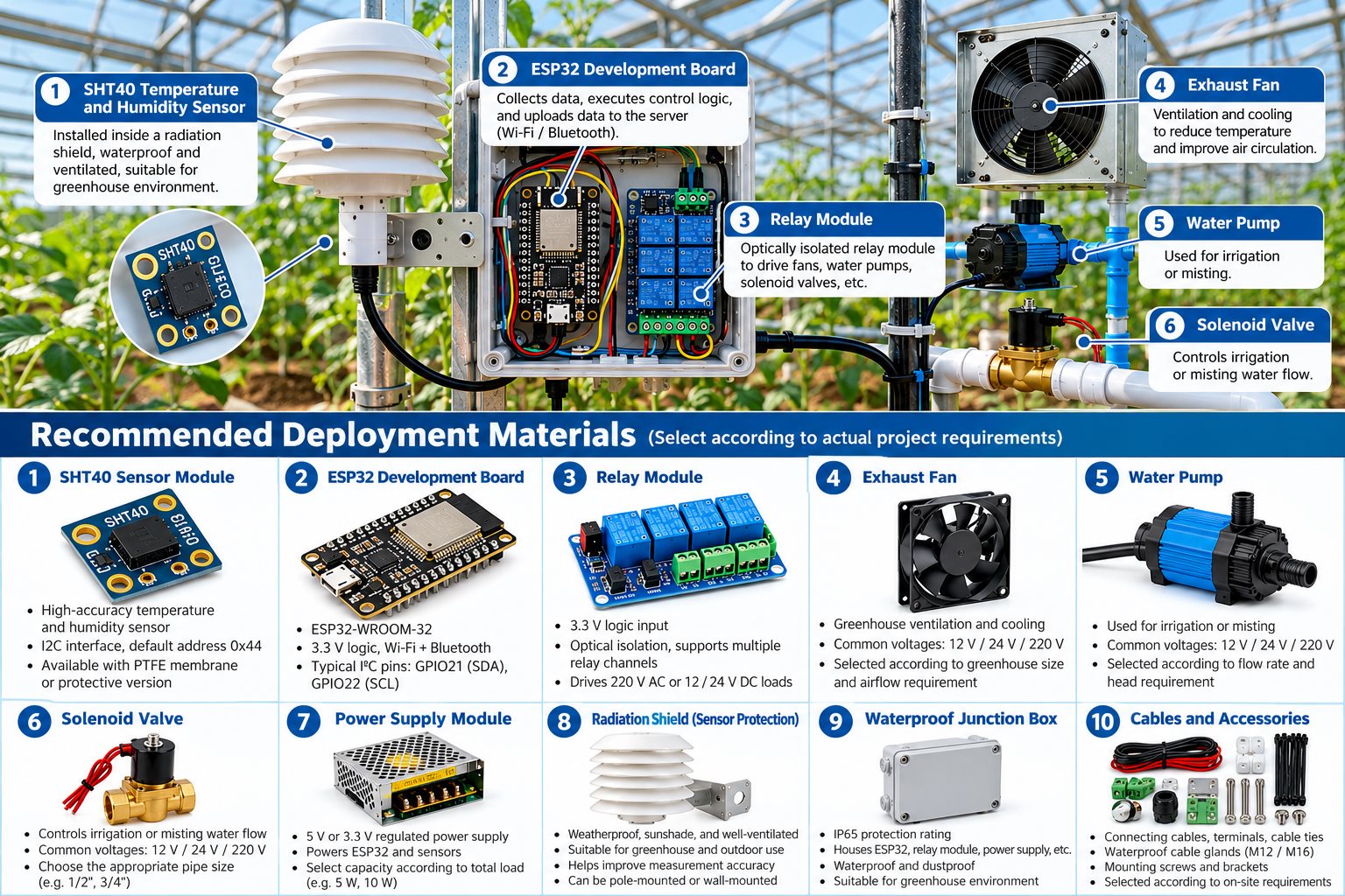 Illustrated SHT40 and ESP32 greenhouse deployment components including shield, relay, fan, pump, valve and enclosure