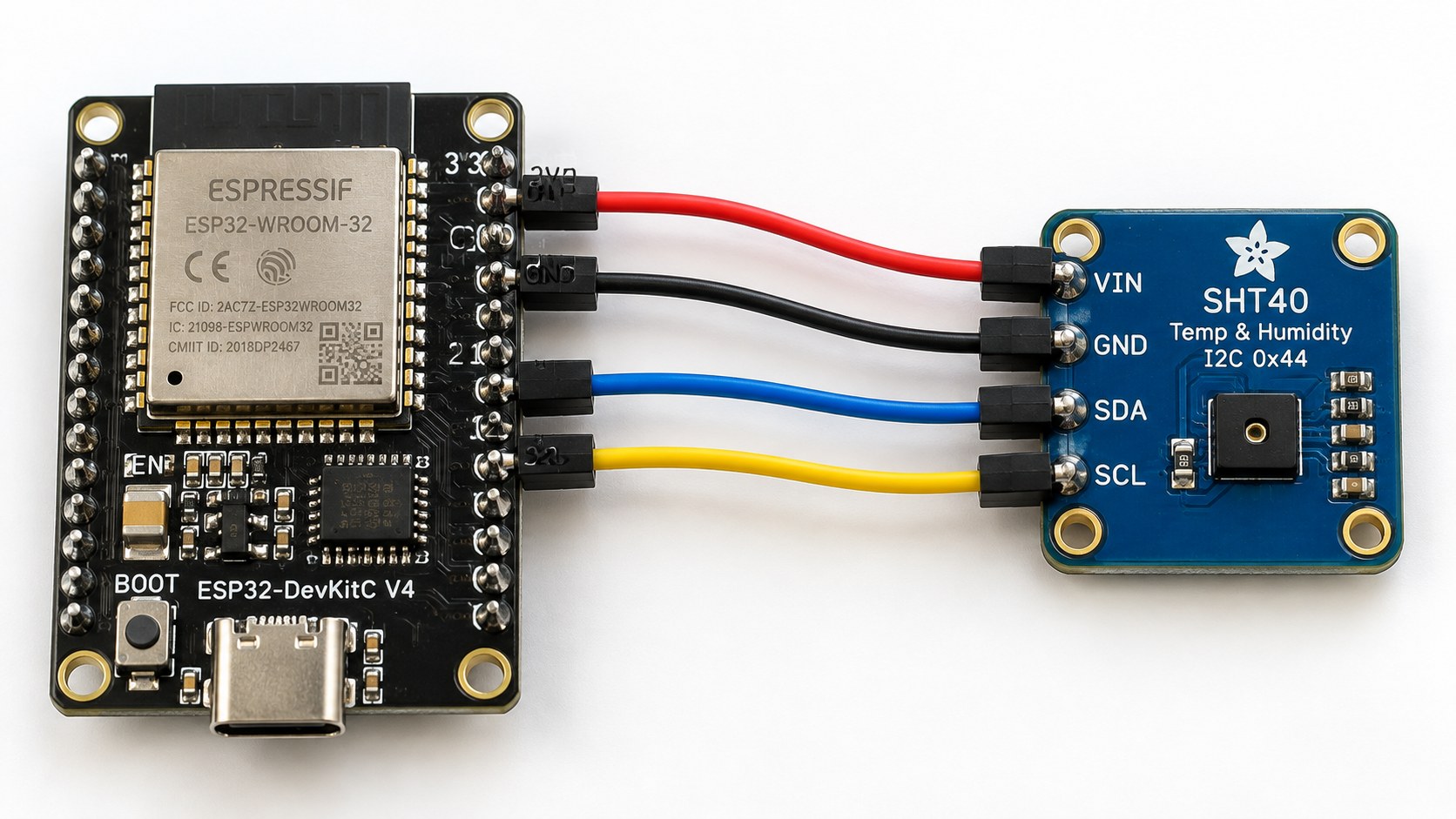 Illustrative four-wire connection between an ESP32 development board and an SHT40 breakout