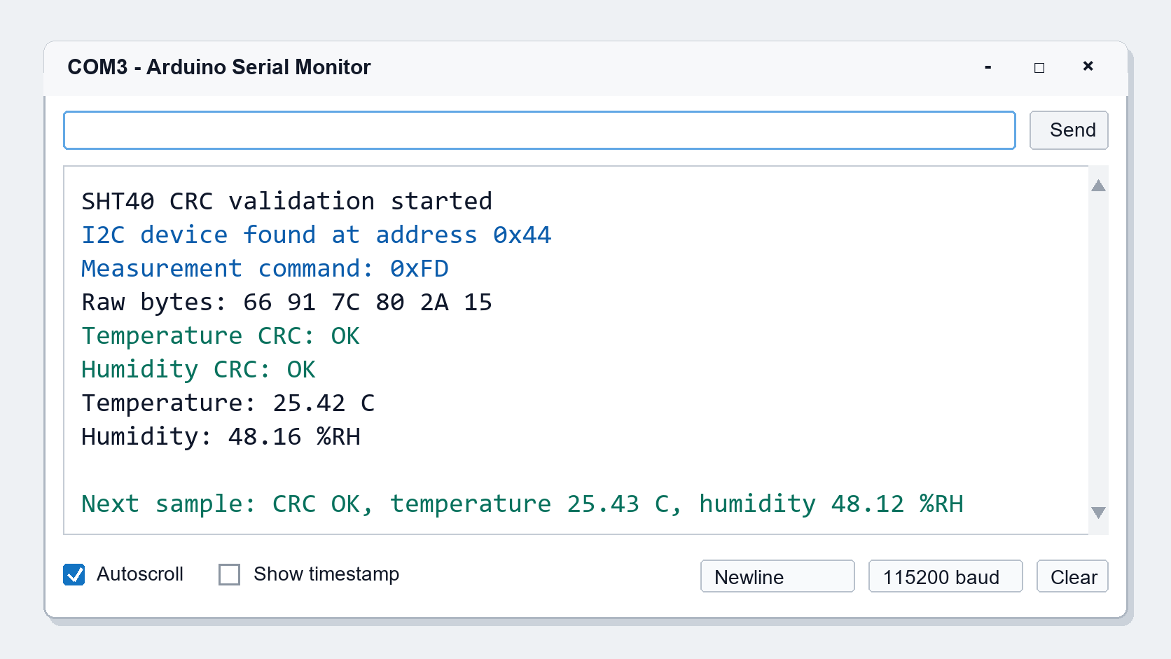 Arduino serial monitor showing SHT40 CRC validation and ESP32 temperature humidity readings