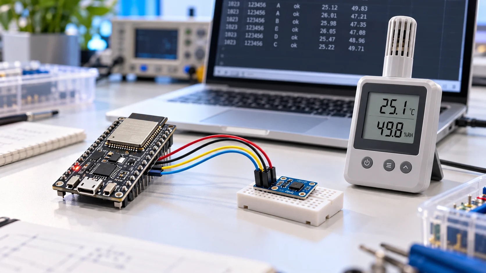 Illustrative ESP32 and SHT40 bench beside a reference temperature and humidity instrument