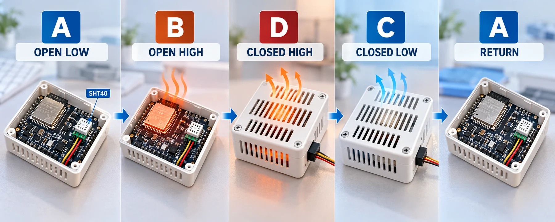 Five-panel A B D C A sequence for open and closed enclosure testing at low and high board load