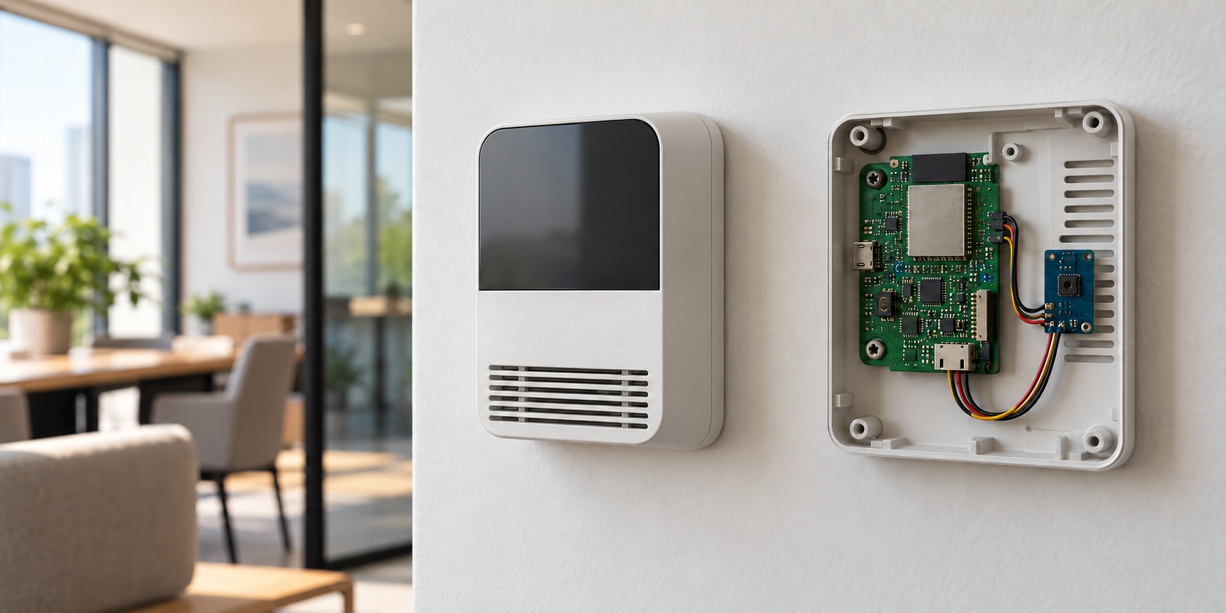 Illustrated wall-mounted temperature and humidity monitor with a separate vented sensor board