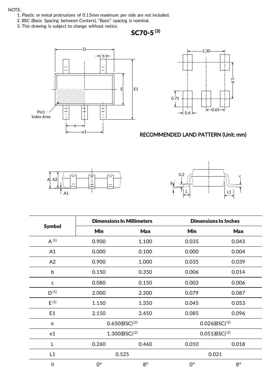 SN74LVC1G34 SC70-5 package outline and land pattern